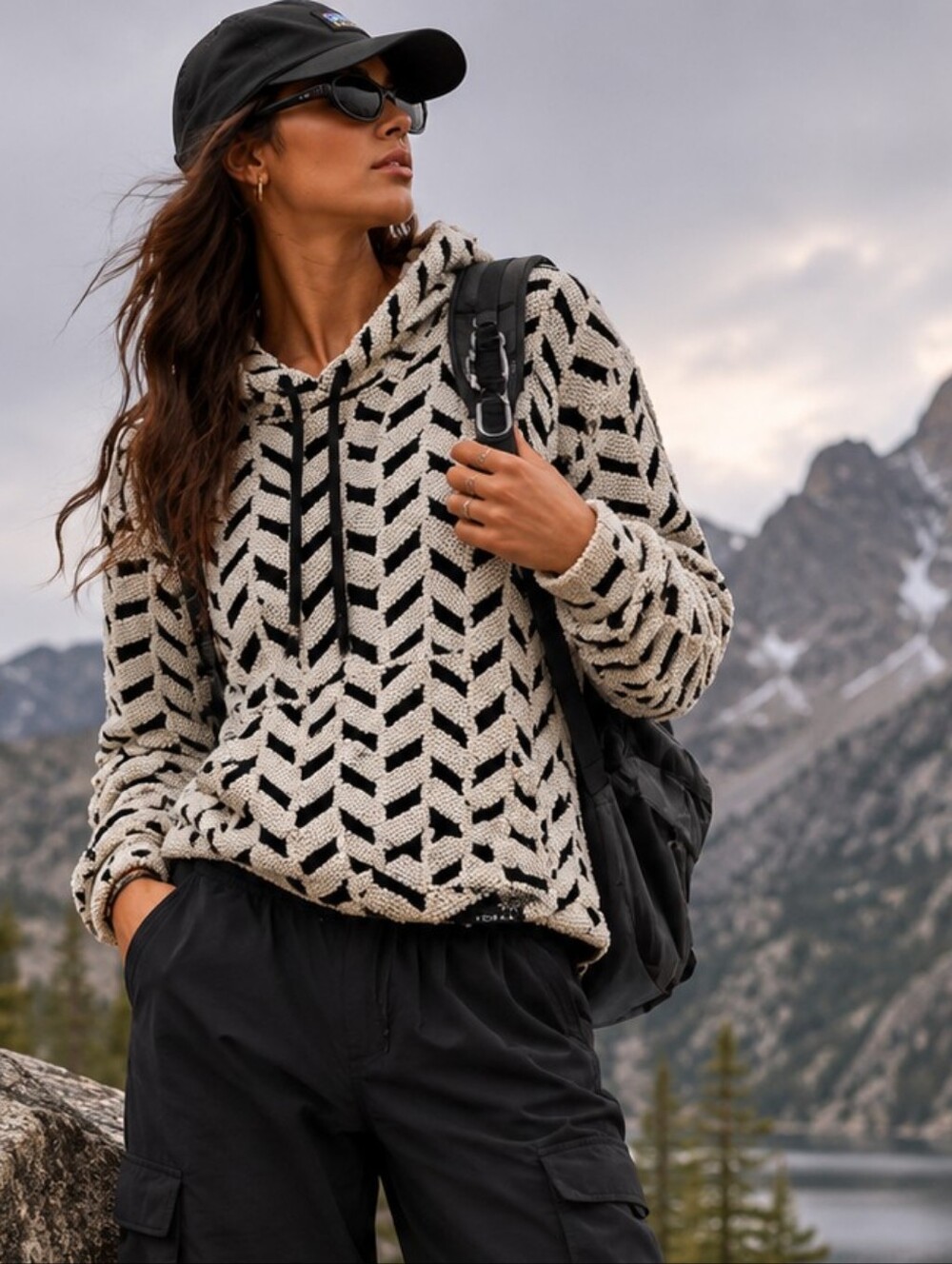 Koral Chevron Pattern Knit Hoodie Women XS Black White Cropped Textured USA